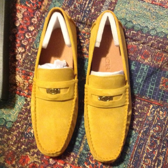 Coach Men's Signature Coin Flax(Light Yellow) Suede Drivers - 11D - New in Box - Picture 1 of 12